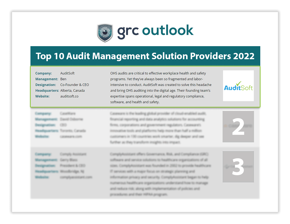 AuditSoft Recognized as ‘Top 10 Audit Management Solution Provider’